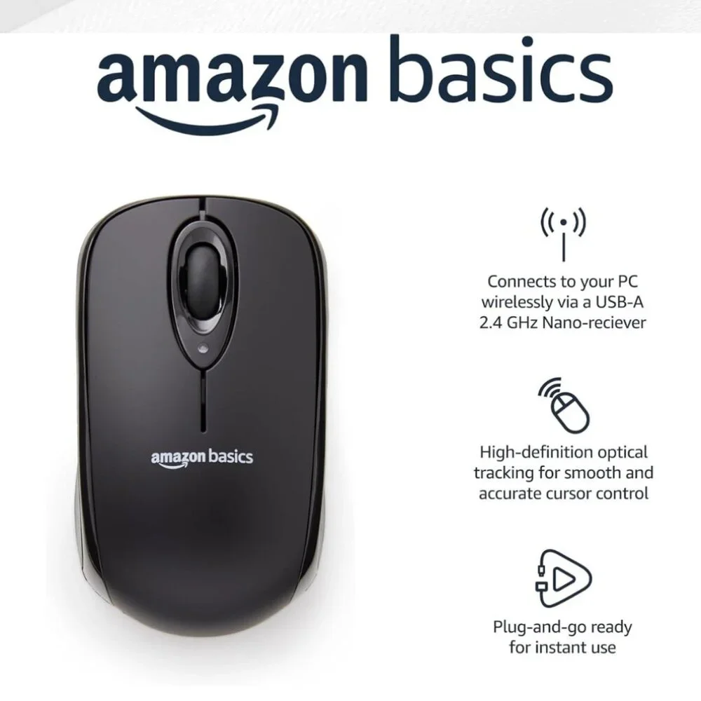 Amazon Basics Wireless Optical Mouse Black USB 2.4GHz PC Laptop Desktop New